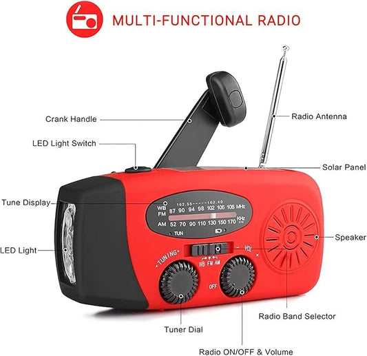 Radio awaryjne 2000 mAh z latarką LED — USB / dynamo / panel słoneczny | AM/FM (+ NOAA*), powerbank, SOS