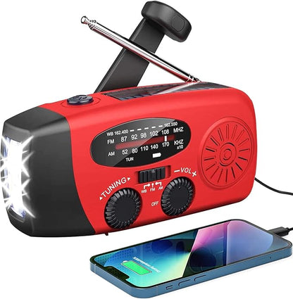 Radio awaryjne 2000 mAh z latarką LED — USB / dynamo / panel słoneczny | AM/FM (+ NOAA*), powerbank, SOS