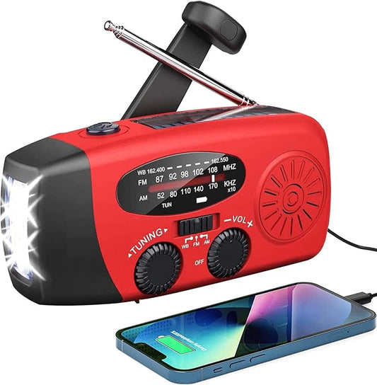 Radio awaryjne 2000 mAh z latarką LED — USB / dynamo / panel słoneczny | AM/FM (+ NOAA*), powerbank, SOS