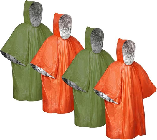 Ponczo survivalowe termiczne (4 szt.) — dwustronne, z kapturem, wodoodporne i wiatroszczelne
